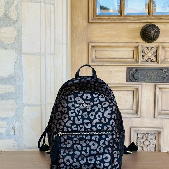 Kate Spade Chelsea Medium leopard print Backpack NWT Black Gold - Picture 2 of 8